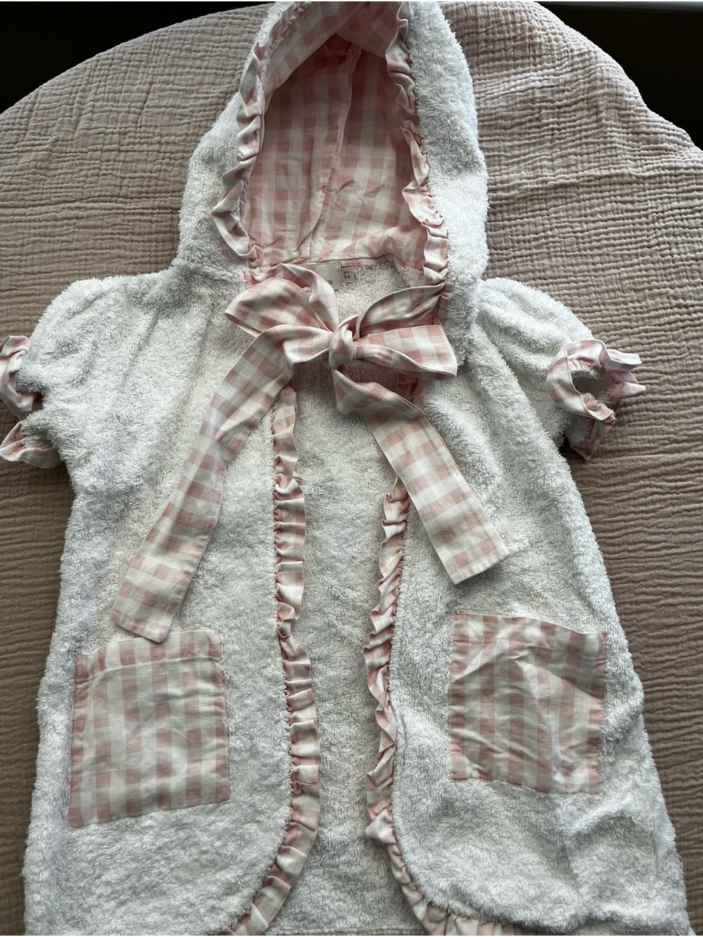 Girls' White Terry Hooded Robe with Pink Gingham Trim